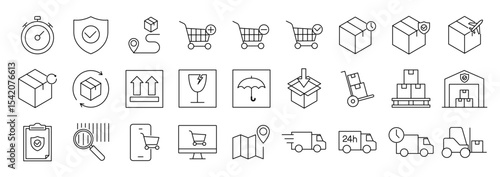 Delivery icon set. Logistics related icons: shipping, truck, fragile, shipment and more. Editable line icons. Vector illustration.