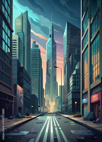 Empty city street at sunrise with skyscrapers