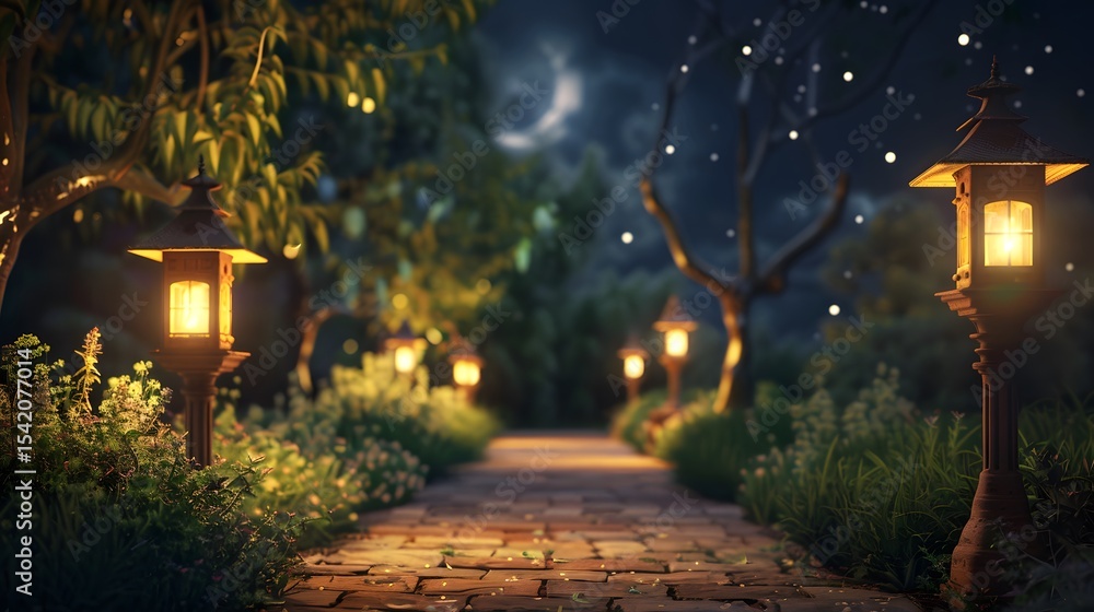 Fototapeta premium Enchanted Night Path: Magical Forest Trail with Moonlit Lanterns