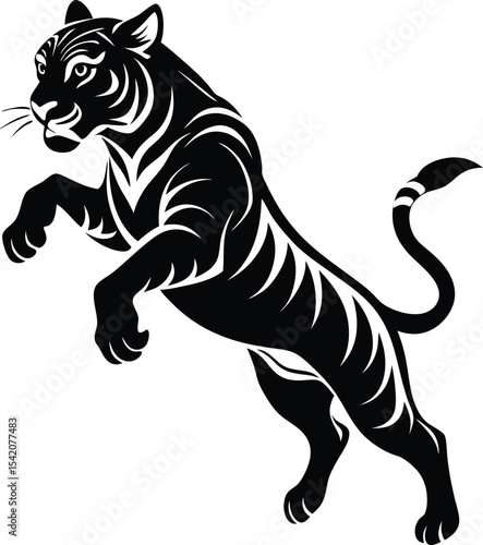 Black Tiger Silhouette Vector Illustration, Leaping Feline Graphic, Animal Art Print