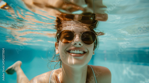 Portrait jeune femme sourire sous l'eau de la piscine