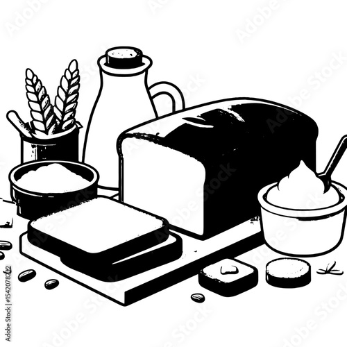 Bread oil butter flour wheat ears  slices are arranged on a board with scattered bits