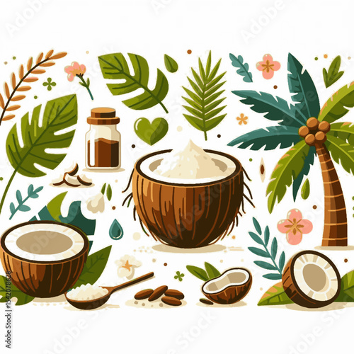 Bright cartoonstyle image showcases coconuts a palm tree leaves flowers and a bottle on a white background