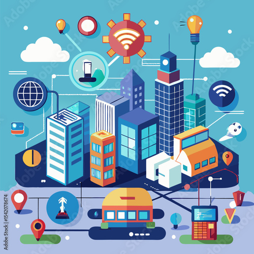 Smart cities powered by IoT technology illustration