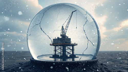 a snowglobe placed on a white surface, containing a detailed oil field with cranes - Trade war