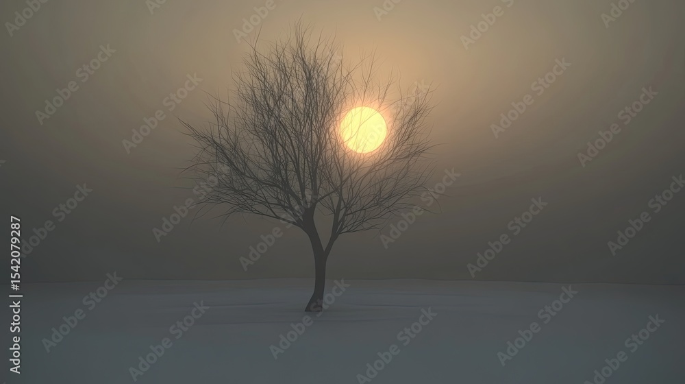 Fototapeta premium Solitary tree silhouetted against a misty sunrise.