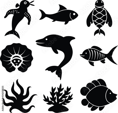 Black and White Sea Life Silhouettes: Fish, Dolphin, Turtle, Coral, and Ocean Animals Vector Art