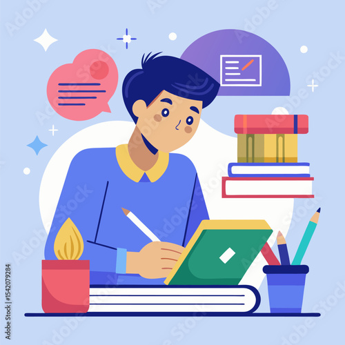 Student taking notes while studying at desk
