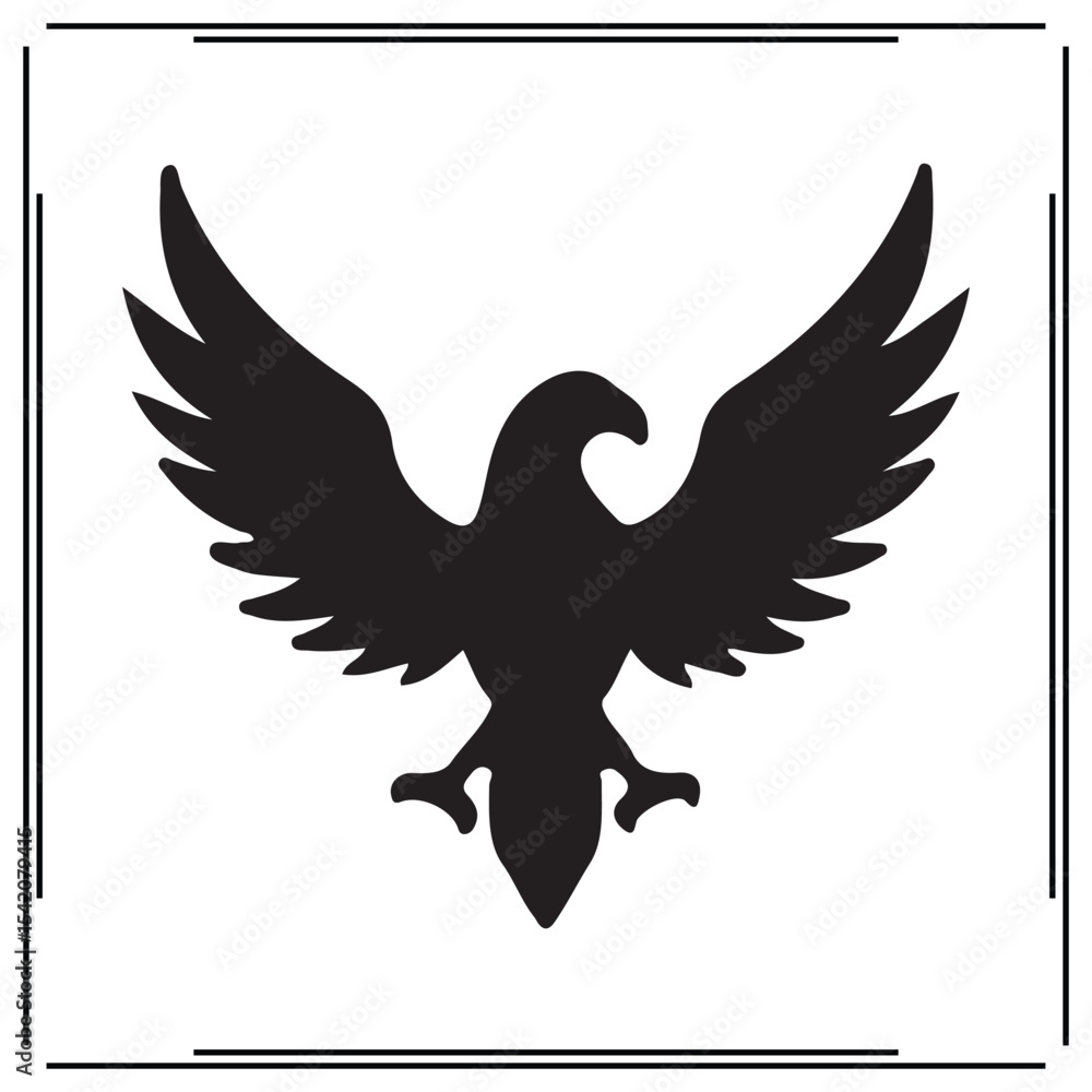 Fototapeta premium Eagle Silhouette Logo – Black Flying Eagle with Spread Wings Isolated on White Background – Bold Bird Symbol, Vintage Heraldic Emblem, Wildlife Graphic for Design Use