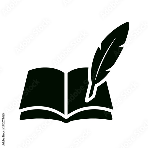 very simple flat and single minimalist Open Book and Quill Pen Silhouettes in black on a white background