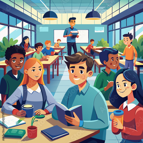 Students having lunch in a high school cafeteria