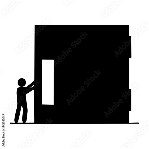 a silhouette of a man pushing a large box. vector illustration of moving furniture and delivery service