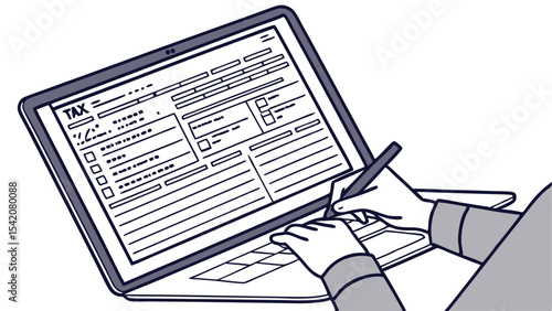 Person completing tax form on laptop with pen in hand filling out information and checking boxes online