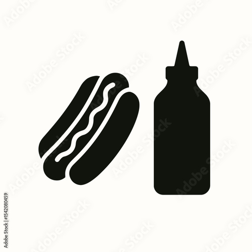 very simple flat and single minimalist Hotdog and Ketchup Silhouettes in black on a white background