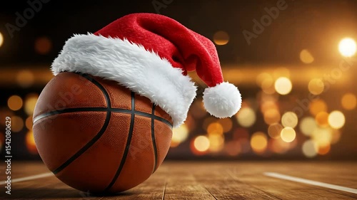 Festive Basketball: Holiday Cheer with Santa Hat on Court Background bokeh lights