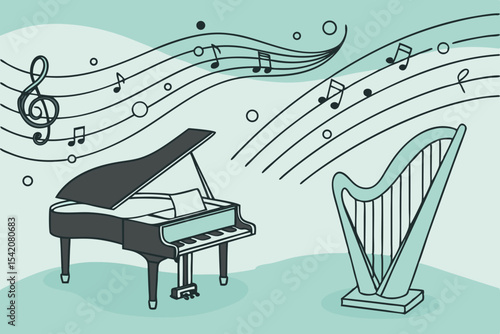 Elegant grand piano and harp with flowing music notes in artistic design