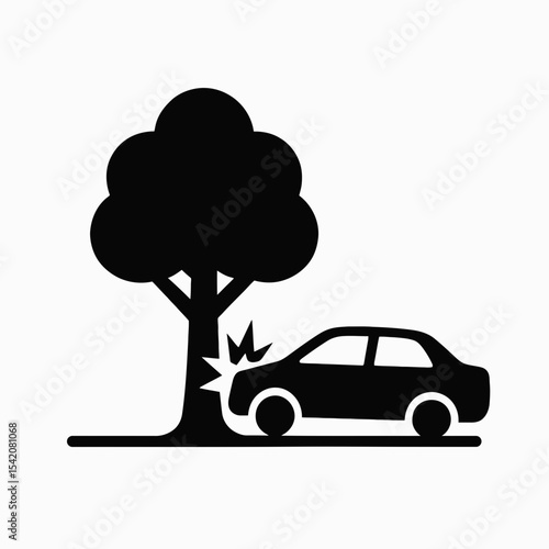 very simple flat and single minimalist Tree on Car Accident Silhouettes in black on a white background