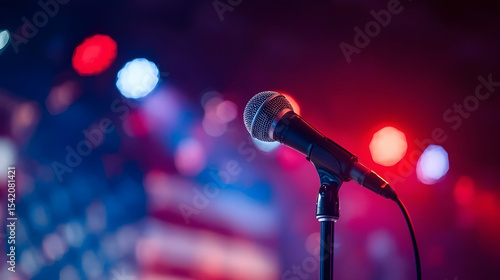 A dynamic stage microphone stands ready for a live music performance, Voice of the Nation – Patriotic Microphone Background