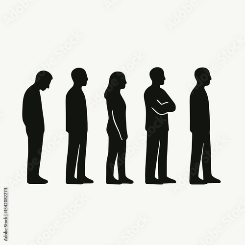 very simple flat and single minimalist Waiting in Line Silhouettes in black on a white background