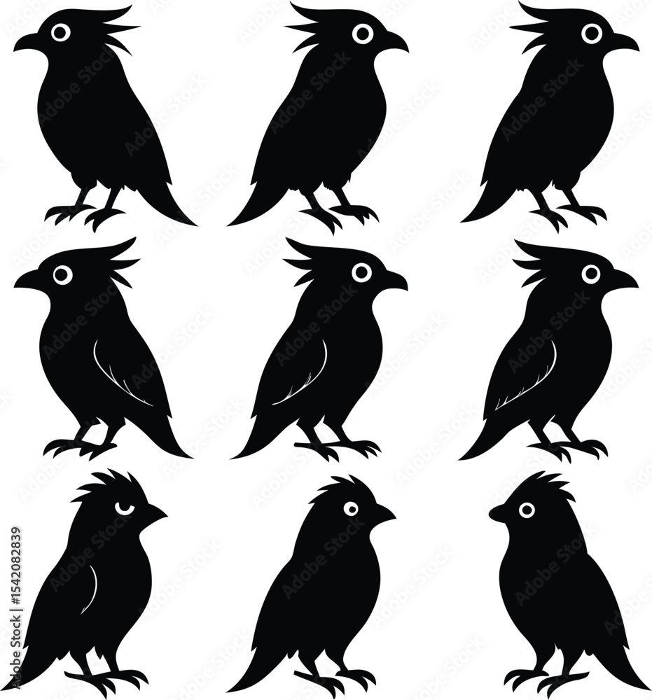 Fototapeta premium Black Bird Silhouettes: Vector Illustration of Crested Birds, Graphic Design Element