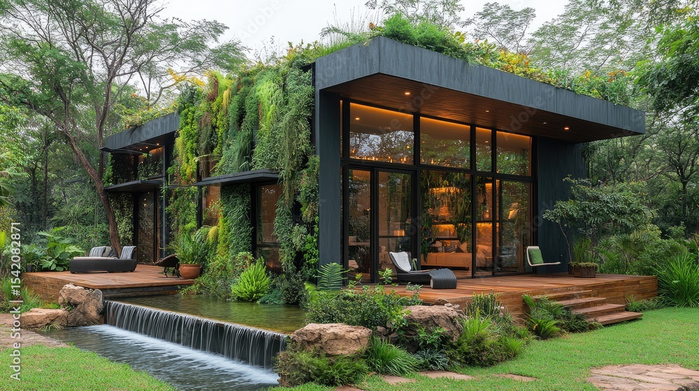 Modern eco-home with vertical garden and pond, tranquil setting Modern eco-home with vertical garden and pond, tranquil setting