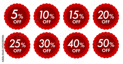 シンプルで使いやすい割引率別セールのオフバッジアイコンセット(クーポン セール 5% 10% 15% 20% 30% 50%OFF ベクター 編集可能 赤)