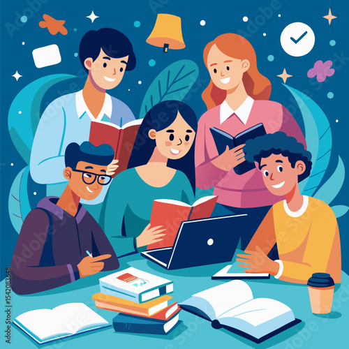 Vector of Students in a Study Group – Collaborative Learning and Teamwork in Education