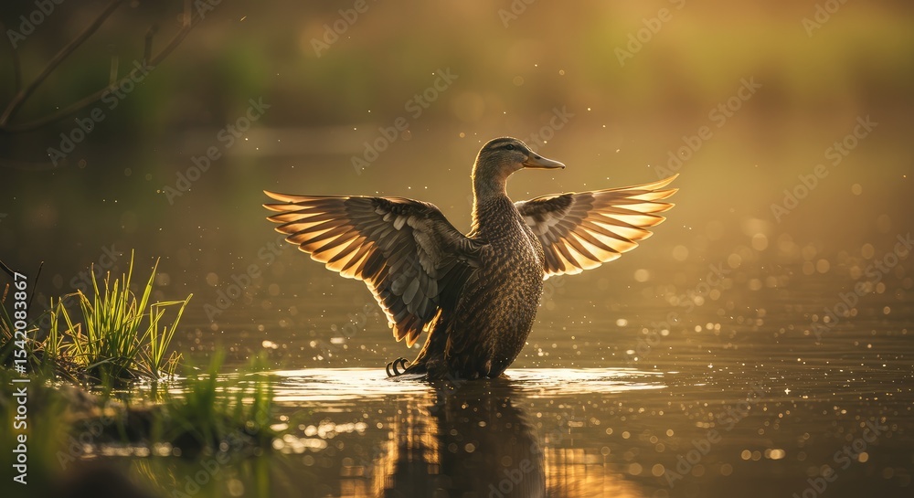 Obraz premium A duck with outstretched wings, bathed in golden sunlight, on a tranquil lake