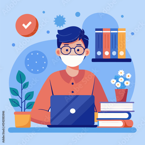 Vector of Studying During a Pandemic – Remote Learning and Safety Measures Illustration