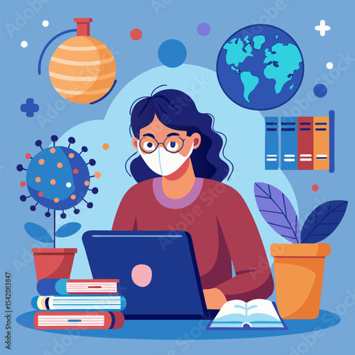 Vector of Studying During a Pandemic – Remote Learning and Safety Measures Illustration
