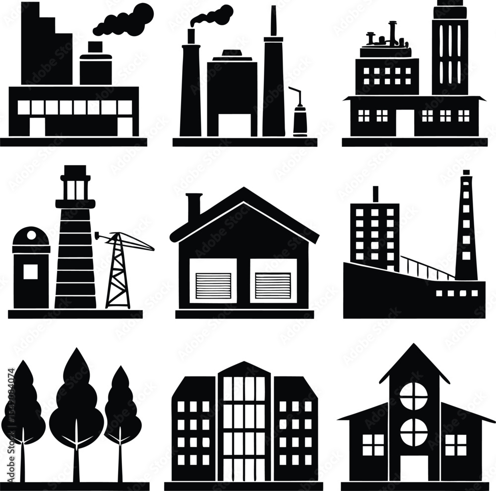 Fototapeta premium Black and White Factory Building Icons Set Vector Illustration Industrial Architecture