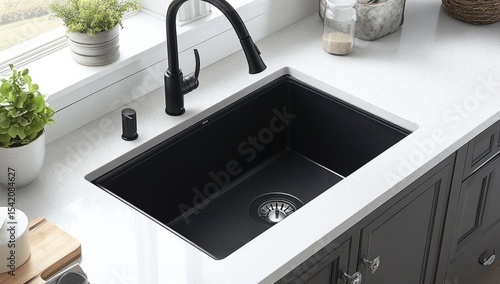 Black kitchen sink on white countertop.  Modern, clean design