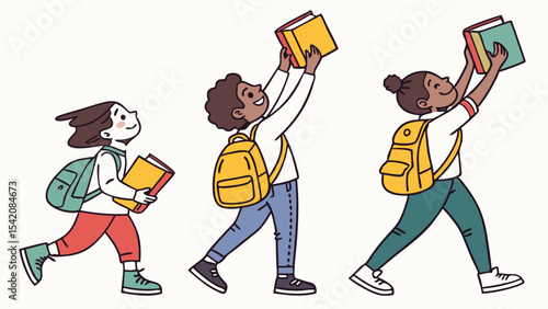 Three children with backpacks walking and holding books in a line on a white background illustration