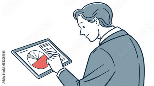 Man in suit examining pie chart on tablet with finger touching screen for data analysis and insights