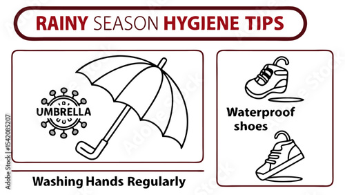 Illustration showing rainy season hygiene tips with umbrella, waterproof shoes, and washing hands regularly
