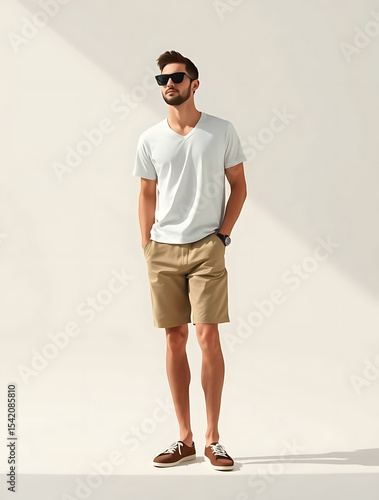 Wallpaper Mural Stylish Man Posing in Casual Attire with Sunglasses and Shorts for Fashion Photography Torontodigital.ca