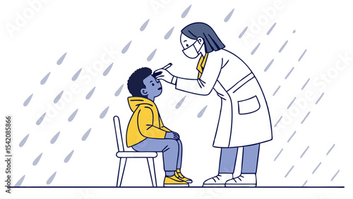 Illustration of a doctor examining a child's eyes with a medical instrument in a clinical setting