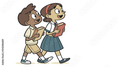 Illustration of two smiling students walking side by side holding books and wearing school uniforms looking up