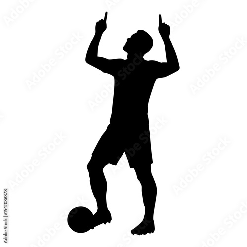 a silhouette of a soccer player celebrating a goal with a ball and pointing fingers up in the air