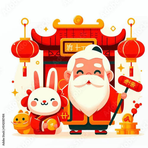 Cartoon art of Chinese New Year featuring a bunny god lanterns temple and lucky coins