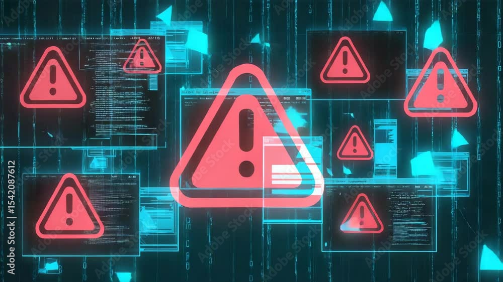 Digital animation illustrating a cybersecurity breach with warning signs, code windows, and data vulnerability in a futuristic virtual environment.