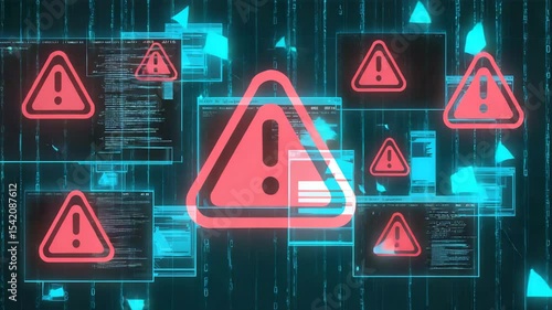 Digital animation illustrating a cybersecurity breach with warning signs, code windows, and data vulnerability in a futuristic virtual environment.