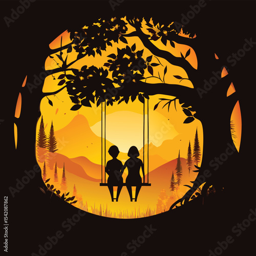 Romantic Couple on Swing Under Tree – Sunset Silhouette Art for Love and Nature Themes