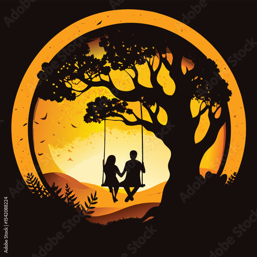 Romantic Couple on Swing Under Tree – Sunset Silhouette Art for Love and Nature Themes
