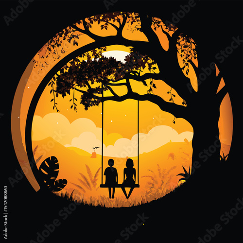 Romantic Couple on Swing Under Tree – Sunset Silhouette Art for Love and Nature Themes