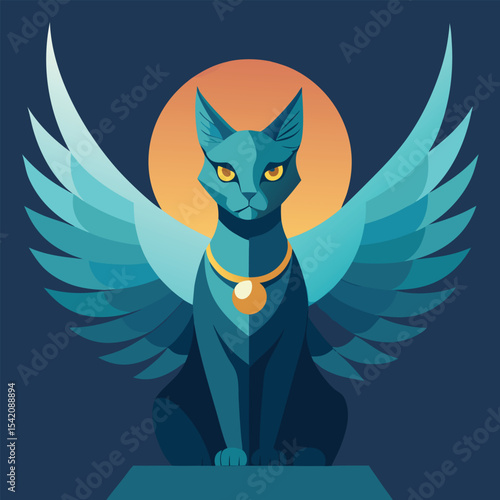 Ancient Egyptian Bastet Cat Goddess with Wings Vector Illustration