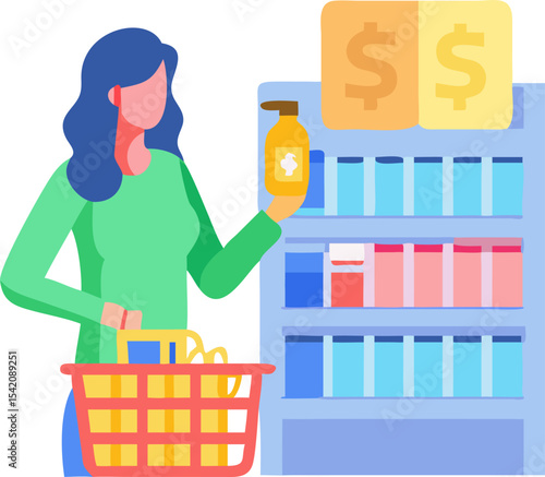 Woman Comparing Prices in a Grocery Aisle – Smart Shopping and Budgeting Concept

