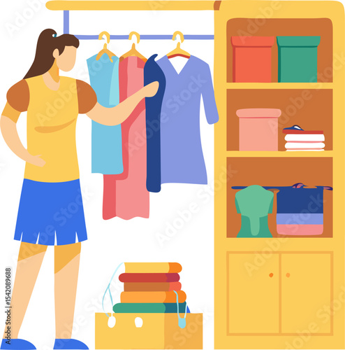 Woman Organizing Her Closet – Home Cleaning, Fashion Arrangement, and Lifestyle Illustration
