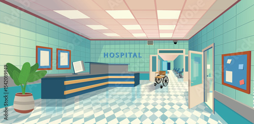 Perspective view of hospital interior hall. Cartoon vector illustration