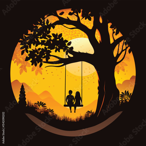 Romantic Couple on Swing Under Tree – Sunset Silhouette Art for Love and Nature Themes